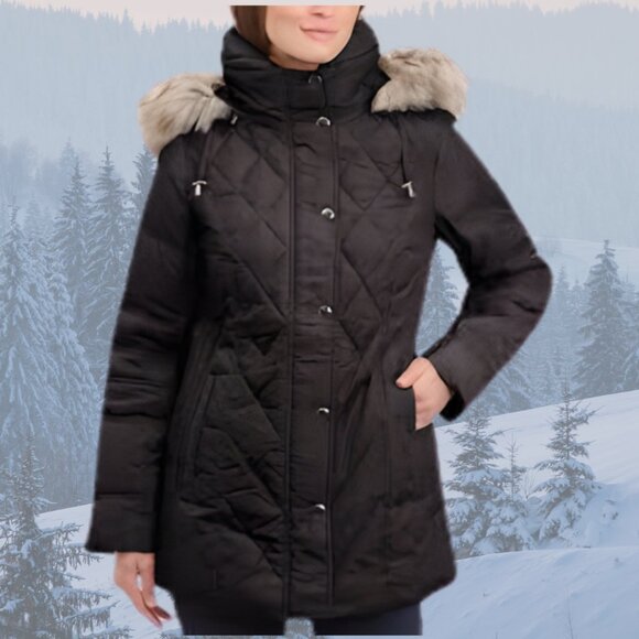 NEW - London Fog Faux-Fur-Trimmed Down Puffer Coat w/Hood - Black/Tan - Picture 6 of 13
